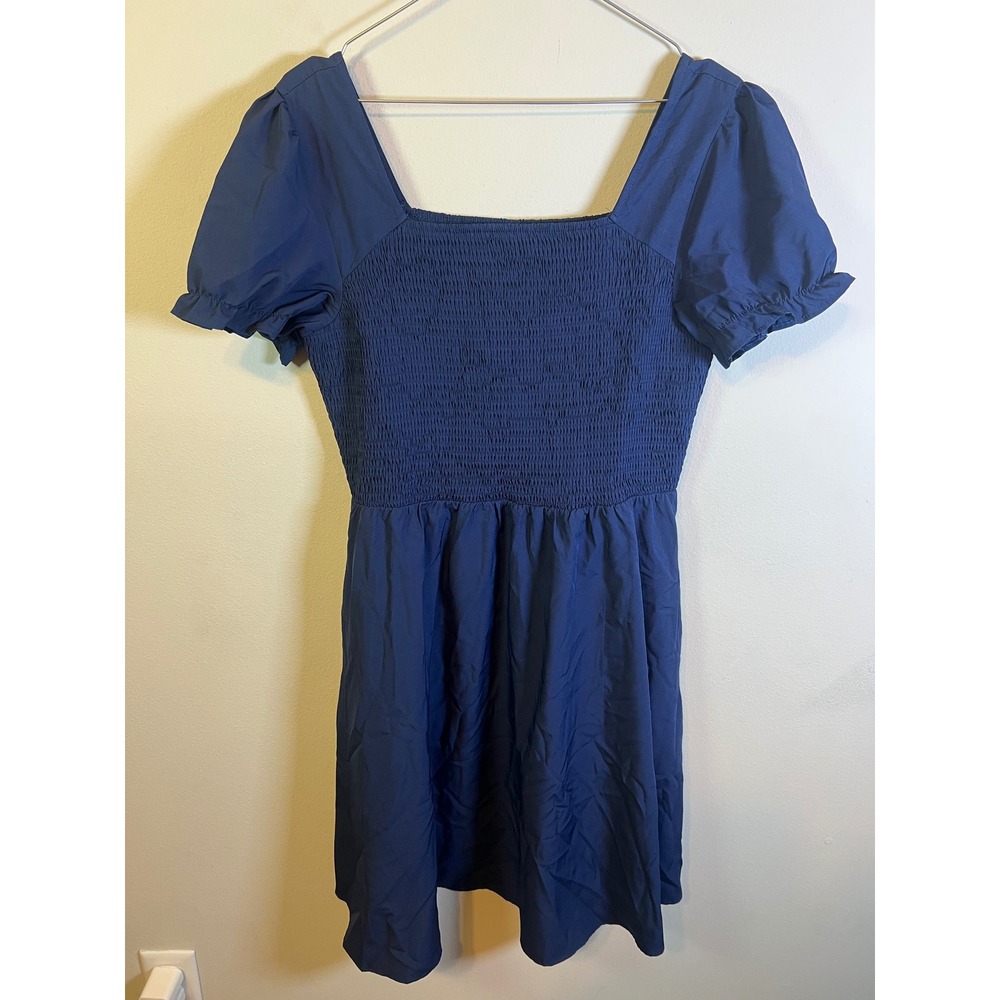 Unbranded Womens Mini Dress Smocked Bodice Puff Sleeve Navy Blue Size L NWT
